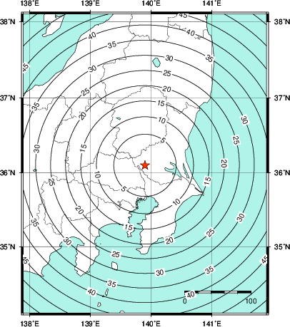 緊急地震速報第1報提供から主要動到達までの時間及び推計震度分布図