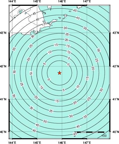 緊急地震速報第1報提供から主要動到達までの時間及び推計震度分布図