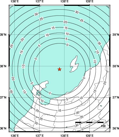 緊急地震速報第1報提供から主要動到達までの時間及び推計震度分布図