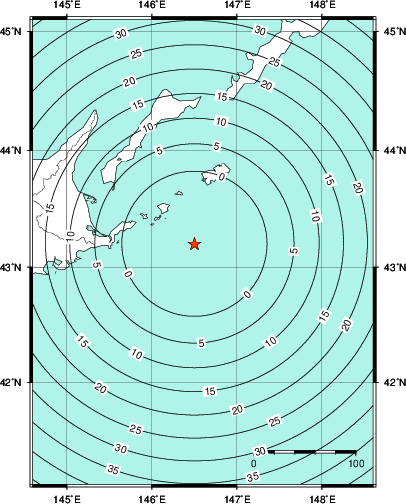 緊急地震速報第1報提供から主要動到達までの時間及び推計震度分布図