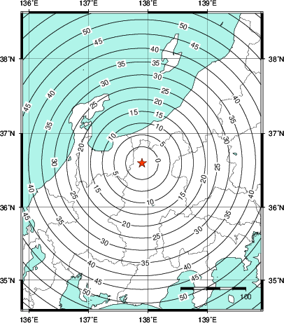 緊急地震速報第1報提供から主要動到達までの時間及び推計震度分布図