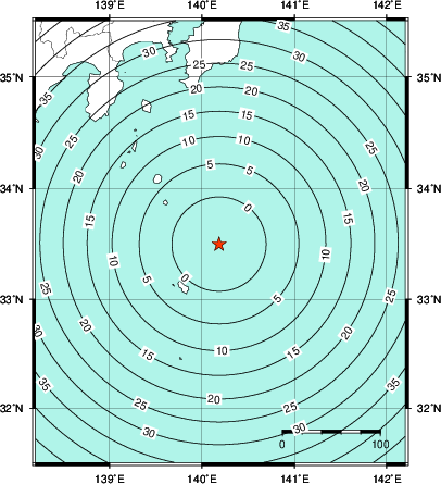 緊急地震速報第1報提供から主要動到達までの時間及び推計震度分布図