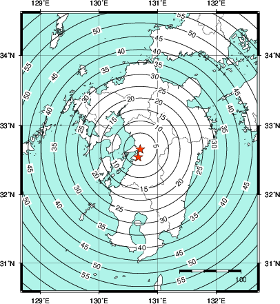 緊急地震速報第1報提供から主要動到達までの時間及び推計震度分布図