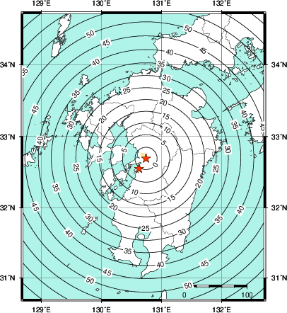 緊急地震速報第1報提供から主要動到達までの時間及び推計震度分布図