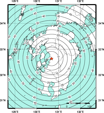 緊急地震速報第1報提供から主要動到達までの時間及び推計震度分布図