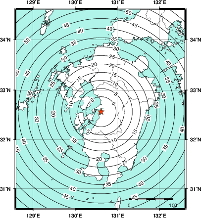 緊急地震速報第1報提供から主要動到達までの時間及び推計震度分布図