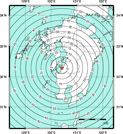 緊急地震速報第1報提供から主要動到達までの時間及び推計震度分布図