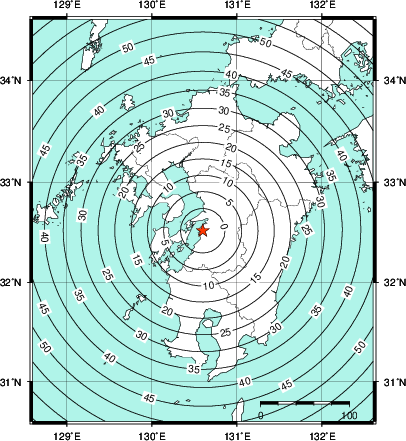 緊急地震速報第1報提供から主要動到達までの時間及び推計震度分布図