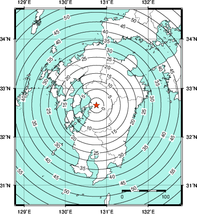 緊急地震速報第1報提供から主要動到達までの時間及び推計震度分布図