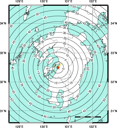 緊急地震速報第1報提供から主要動到達までの時間及び推計震度分布図