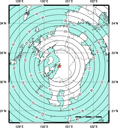 緊急地震速報第1報提供から主要動到達までの時間及び推計震度分布図