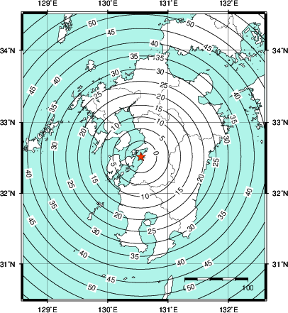 緊急地震速報第1報提供から主要動到達までの時間及び推計震度分布図