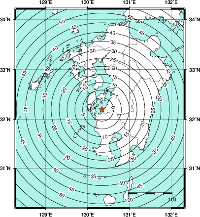 緊急地震速報第1報提供から主要動到達までの時間及び推計震度分布図