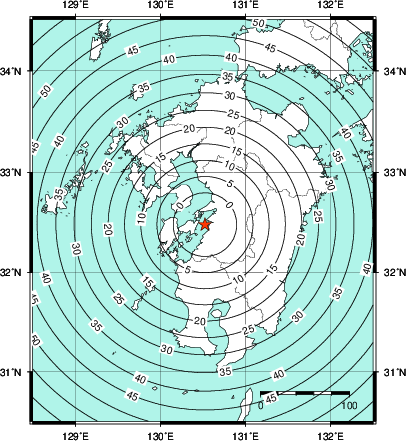 緊急地震速報第1報提供から主要動到達までの時間及び推計震度分布図