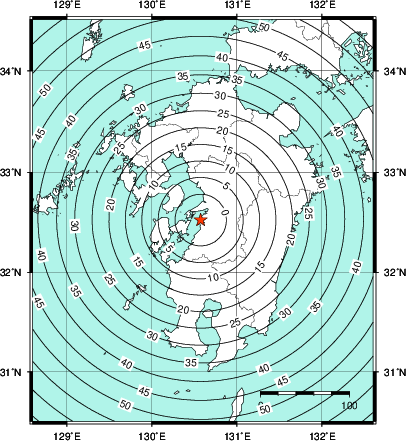 緊急地震速報第1報提供から主要動到達までの時間及び推計震度分布図