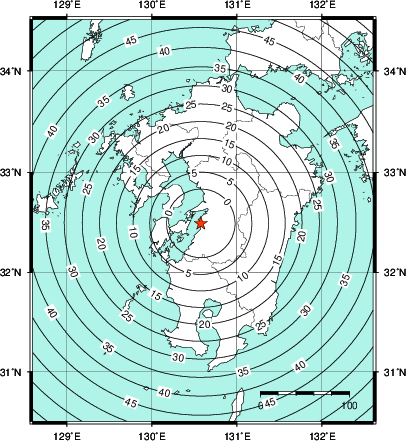 緊急地震速報第1報提供から主要動到達までの時間及び推計震度分布図