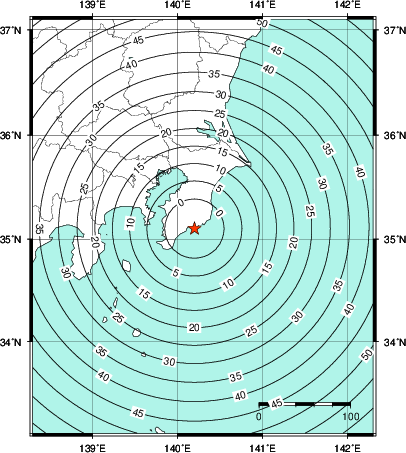 緊急地震速報第1報提供から主要動到達までの時間及び推計震度分布図