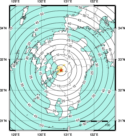緊急地震速報第1報提供から主要動到達までの時間及び推計震度分布図