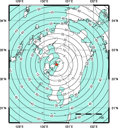 緊急地震速報第1報提供から主要動到達までの時間及び推計震度分布図