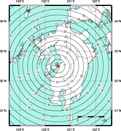 緊急地震速報第1報提供から主要動到達までの時間及び推計震度分布図