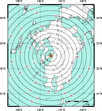 緊急地震速報第1報提供から主要動到達までの時間及び推計震度分布図