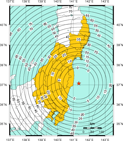 緊急地震速報(警報)第1報を発表した地域及び主要動到達までの時間