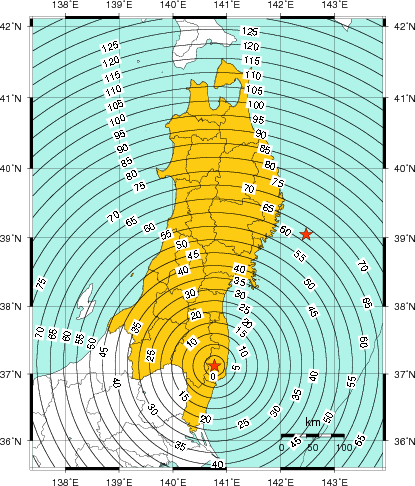 緊急地震速報(警報)第1報を発表した地域及び主要動到達までの時間