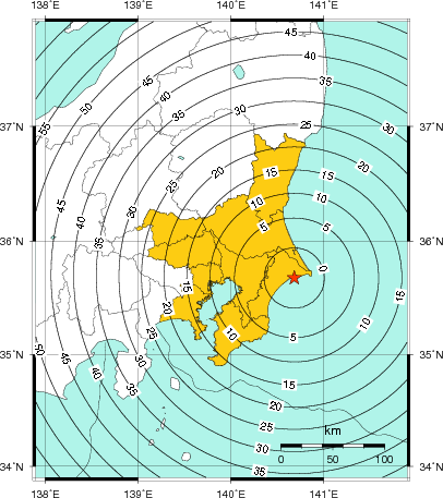 緊急地震速報(警報)第1報を発表した地域及び主要動到達までの時間