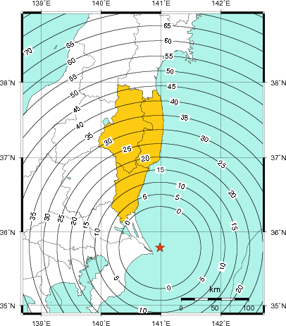 緊急地震速報(警報)第1報を発表した地域及び主要動到達までの時間
