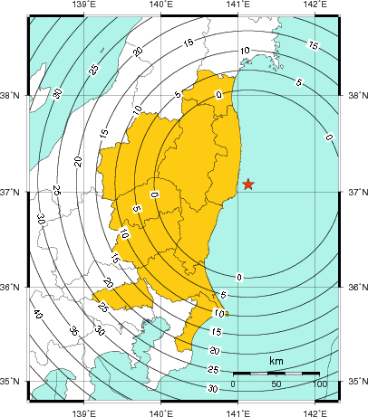 緊急地震速報(警報)第1報を発表した地域及び主要動到達までの時間
