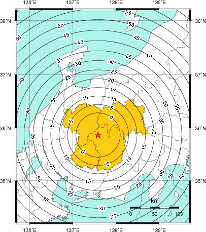 緊急地震速報(警報)第1報を発表した地域及び主要動到達までの時間