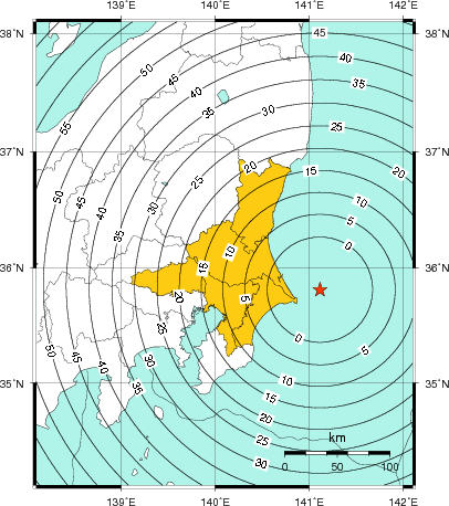 緊急地震速報(警報)第1報を発表した地域及び主要動到達までの時間