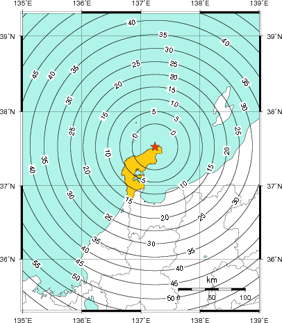 緊急地震速報(警報)第1報を発表した地域及び主要動到達までの時間