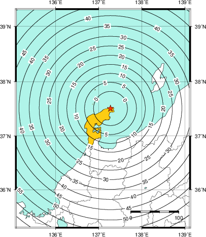 緊急地震速報(警報)第1報を発表した地域及び主要動到達までの時間