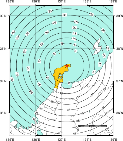 緊急地震速報(警報)第1報を発表した地域及び主要動到達までの時間
