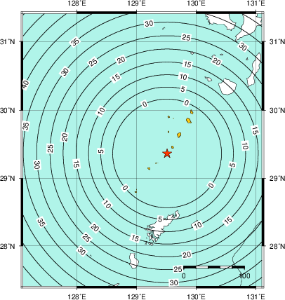 緊急地震速報（警報）第1報を発表した地域及び主要動到達までの時間