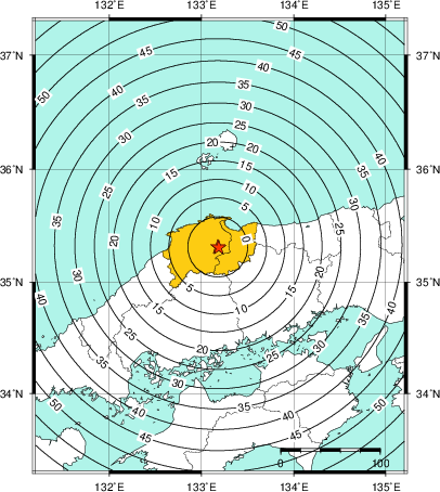 緊急地震速報(警報)第1報を発表した地域及び主要動到達までの時間