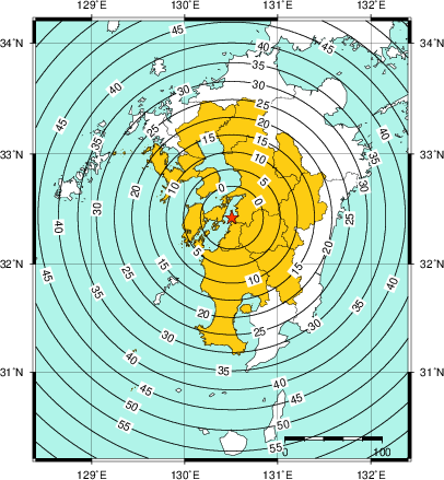 緊急地震速報（警報）第2報を発表した地域及び主要動到達までの時間
