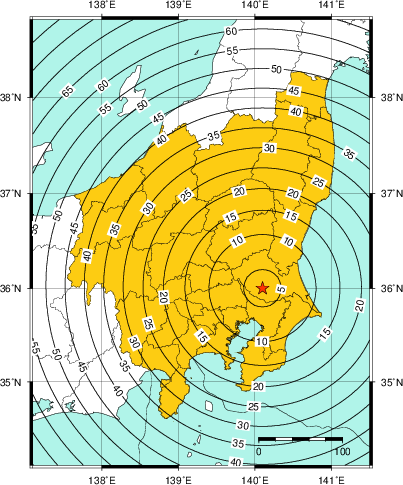 緊急地震速報（警報）第1報を発表した地域及び主要動到達までの時間