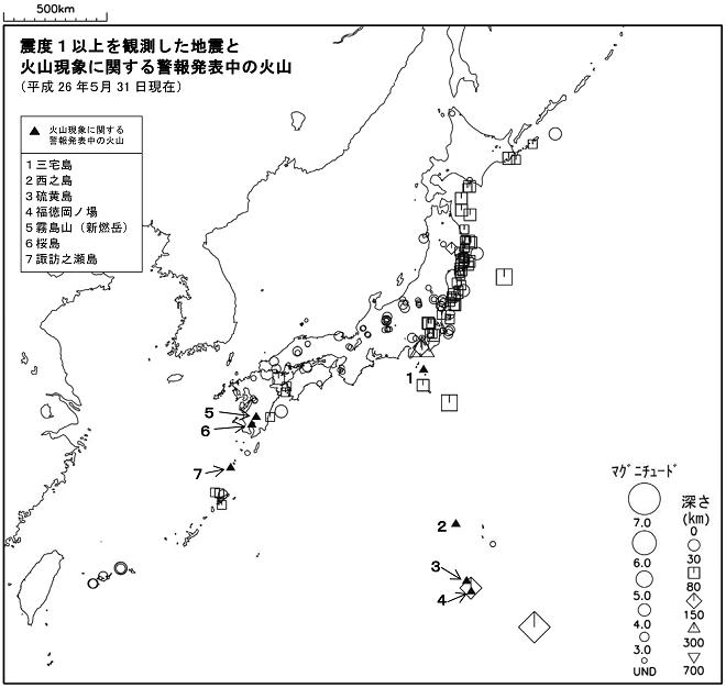 震度１以上の地震と噴火警報発表中の火山