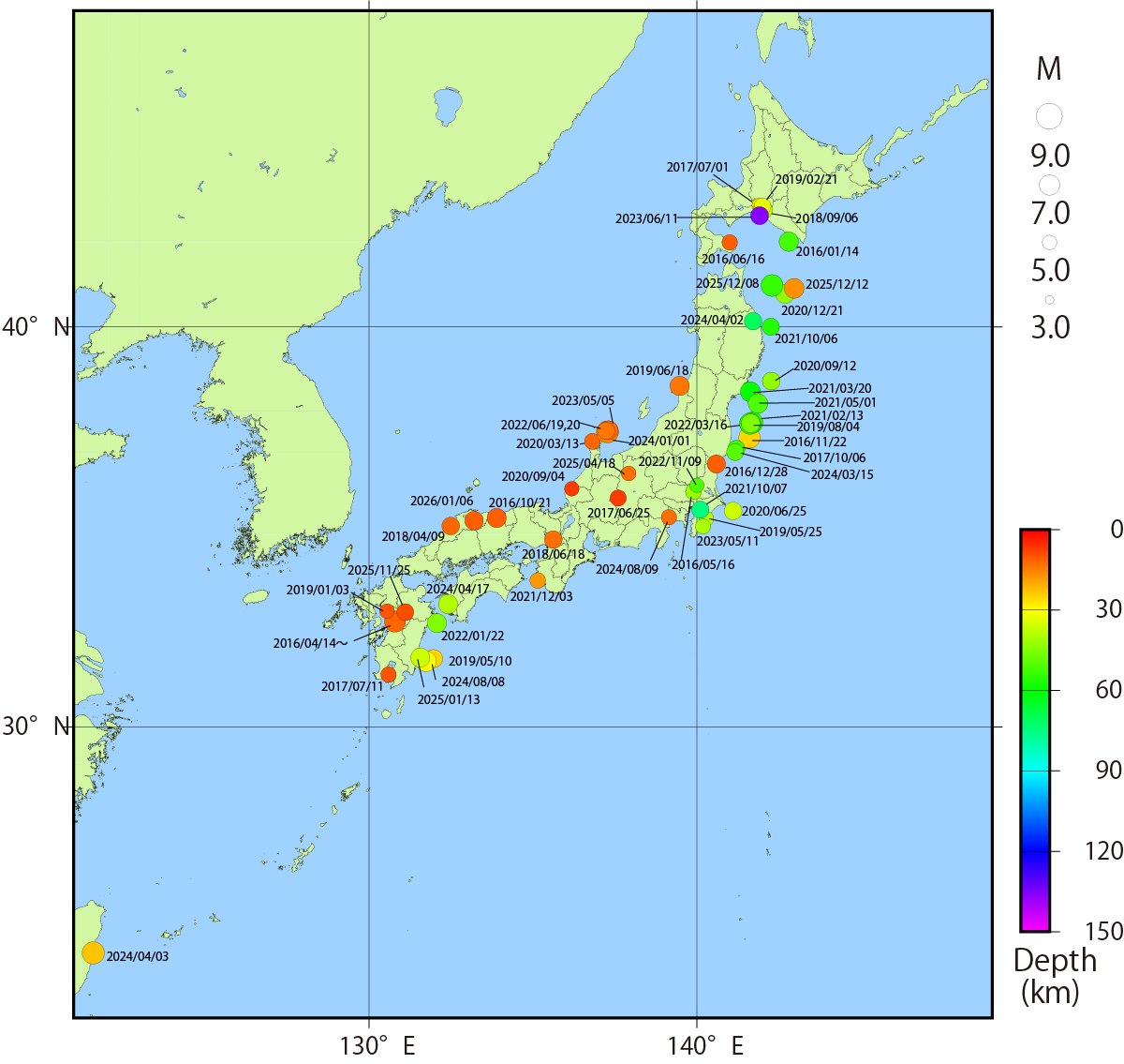 図 日本付近で発生した主な被害地震(平成28年以降)