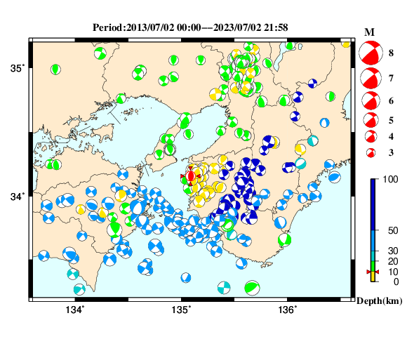 過去に起きた地震の初動発震機構解