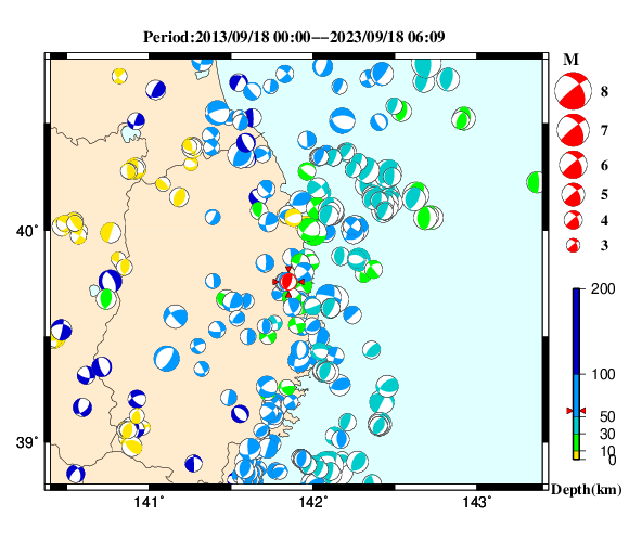 過去に起きた地震の初動発震機構解