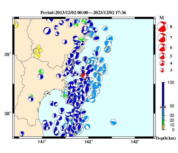 過去に起きた地震の初動発震機構解