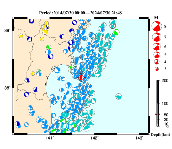 過去に起きた地震の初動発震機構解