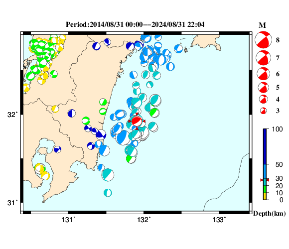 過去に起きた地震の初動発震機構解