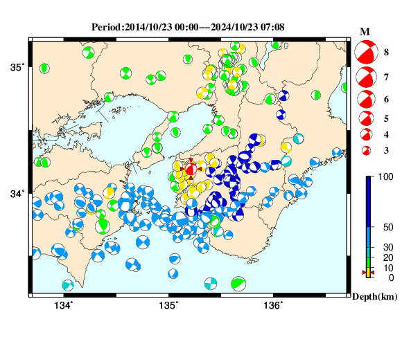 過去に起きた地震の初動発震機構解