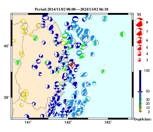 過去に起きた地震の初動発震機構解