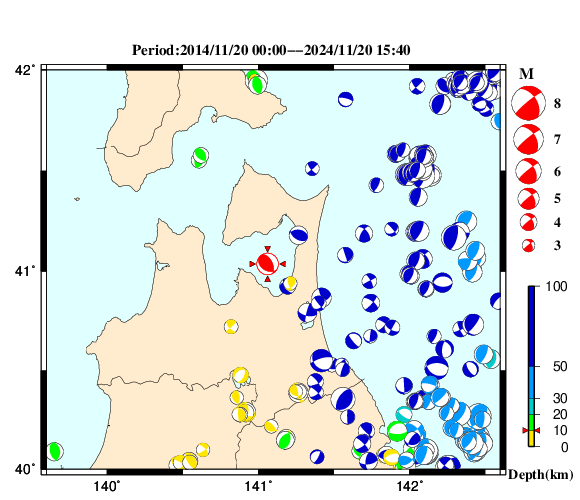 過去に起きた地震の初動発震機構解