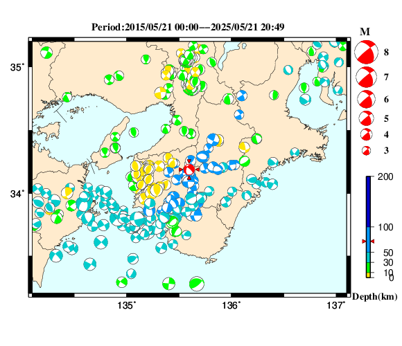 過去に起きた地震の初動発震機構解